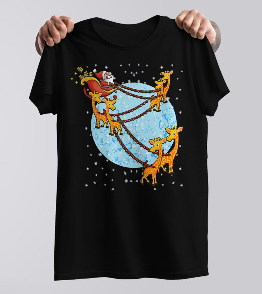 Santa Riding Giraffe Drawn Sleigh Over Snowy Moon T-Shirt