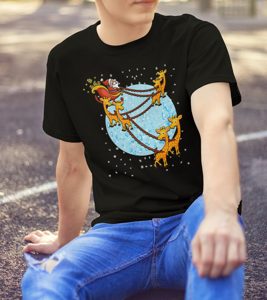 Santa Riding Giraffe Drawn Sleigh Over Snowy Moon T-Shirt