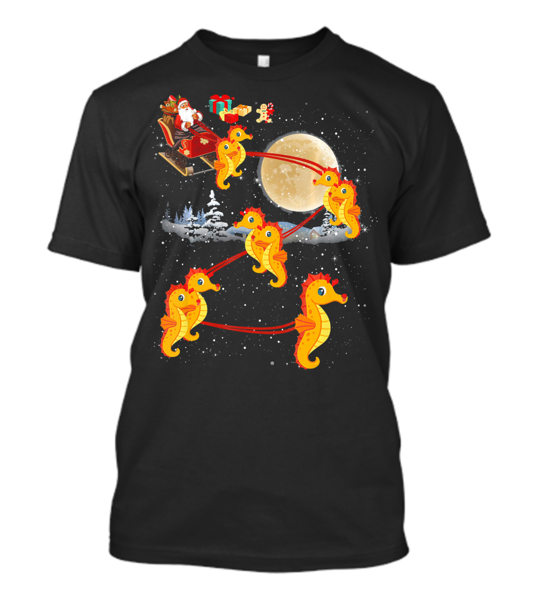 Santa's Sleigh Pulled By Seahorse Reindeer In Winter Wonderland Scene T-Shirt