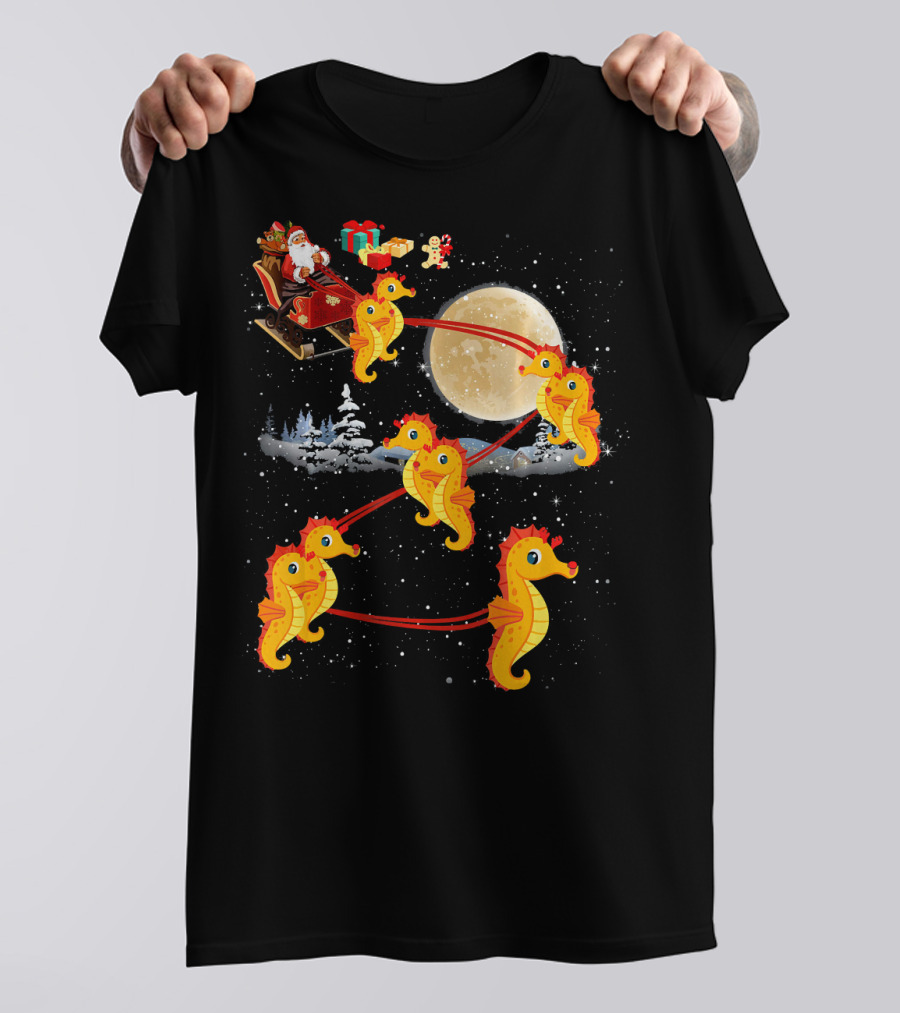 Santa's Sleigh Pulled By Seahorse Reindeer In Winter Wonderland Scene T-Shirt
