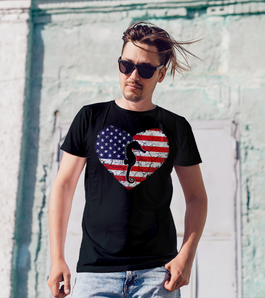 Heart-Shaped Seahorse Vintage American Flag T-Shirt