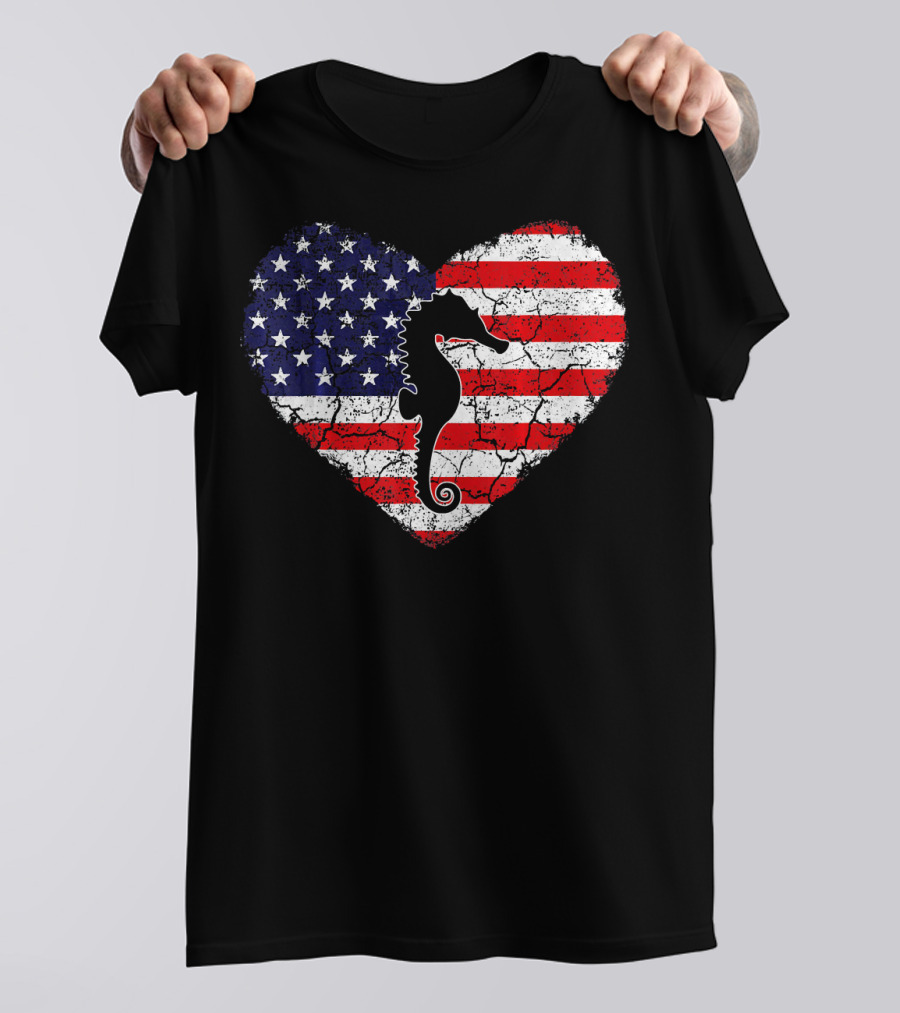 Heart-Shaped Seahorse Vintage American Flag T-Shirt