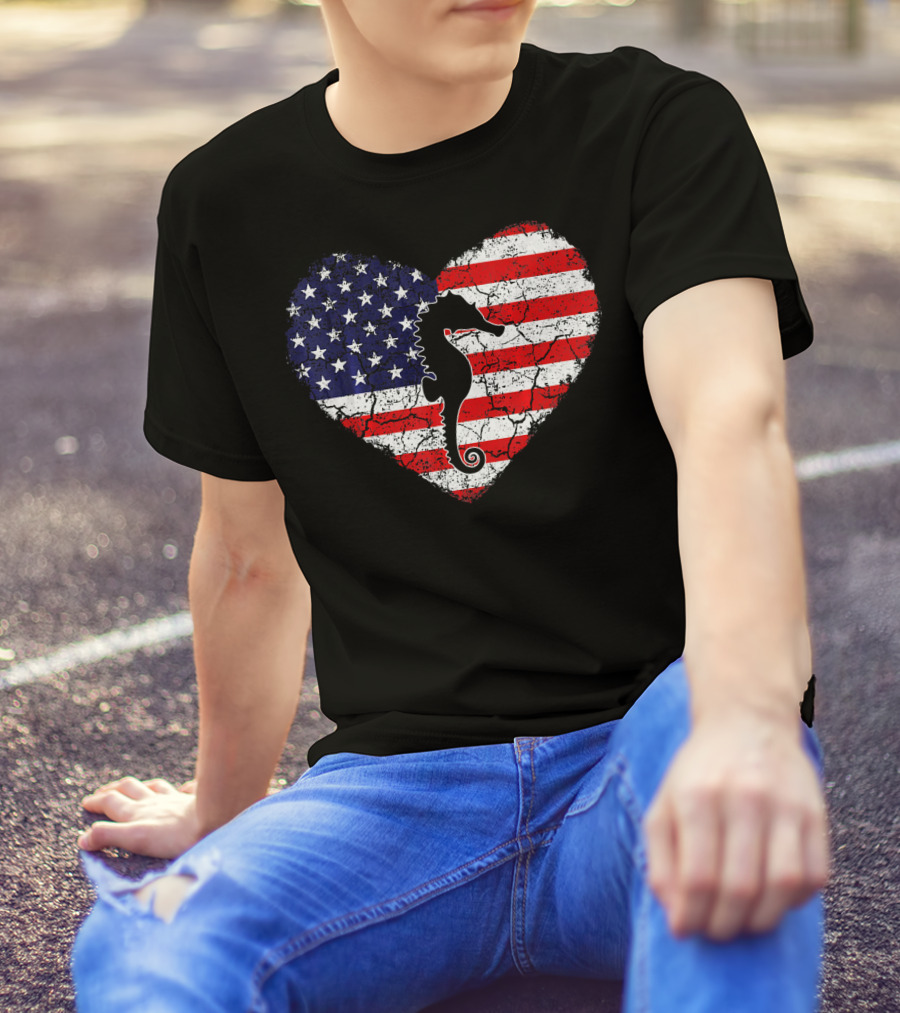 Heart-Shaped Seahorse Vintage American Flag T-Shirt