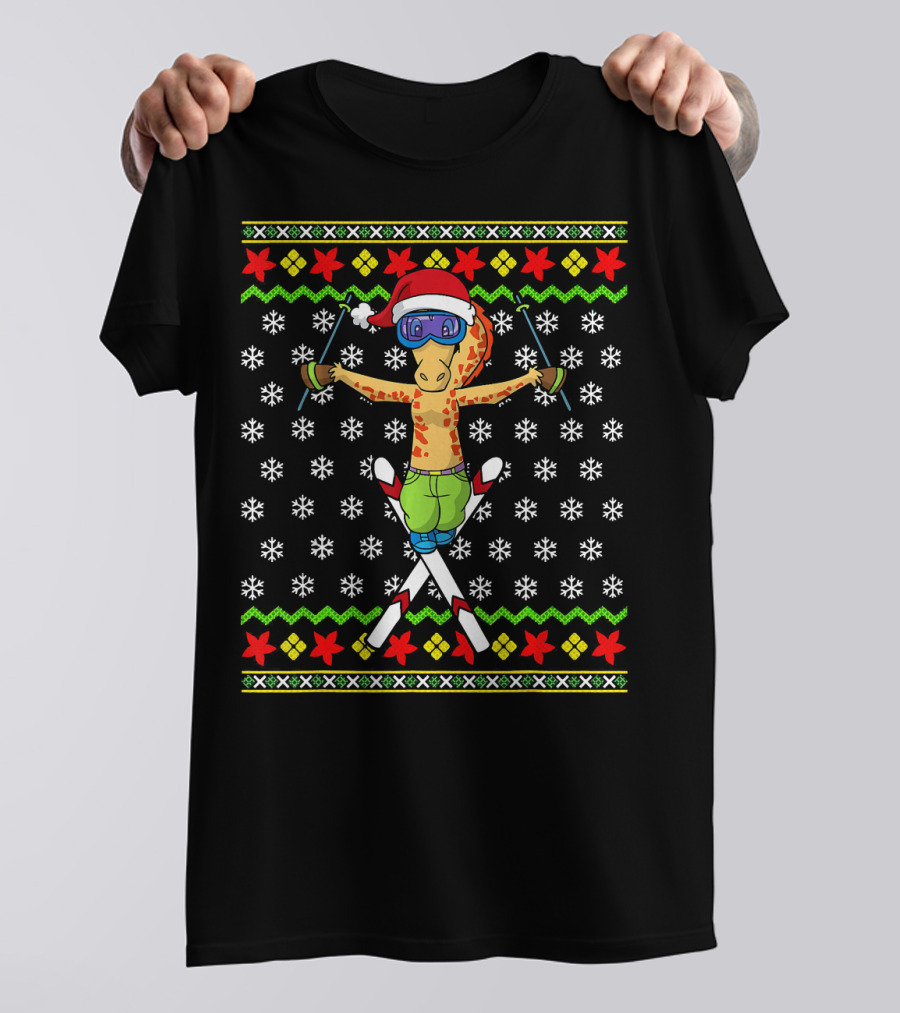 Skiing Giraffe Santa Ugly Christmas Ski T-Shirt