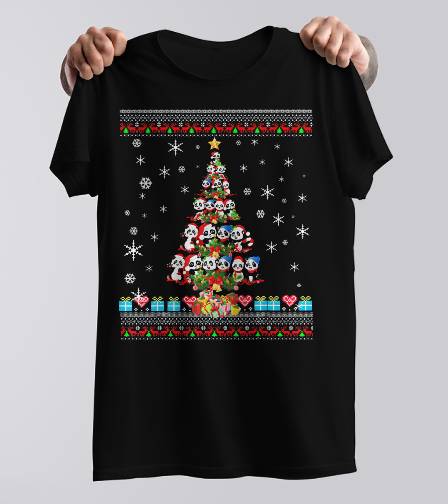 Ugly Christmas Tree Panda Lovers Snowflakes And Presents T-Shirt