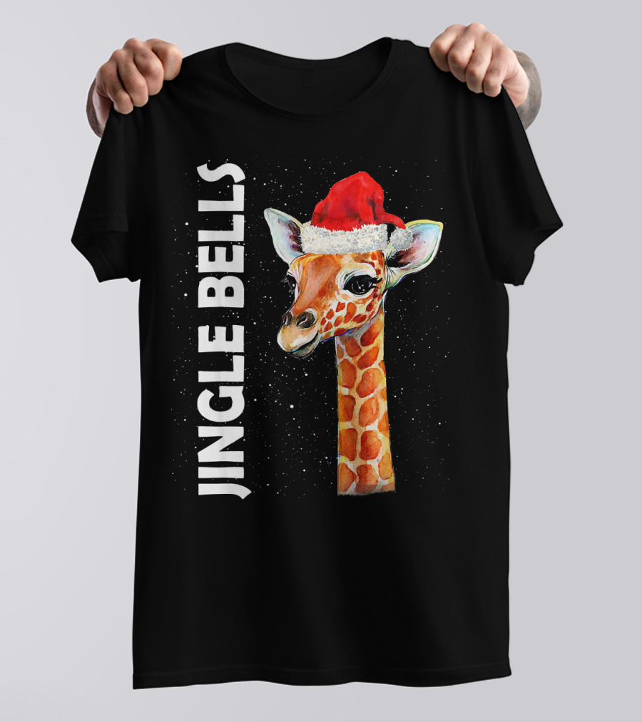 Tee89s Giraffe Jingle Bells Santa Hat T-Shirt