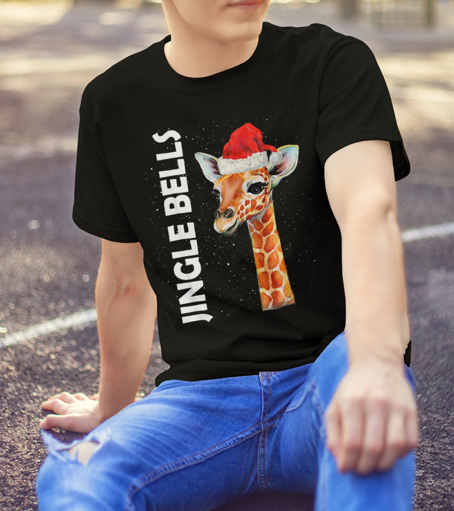 Tee89s Giraffe Jingle Bells Santa Hat T-Shirt