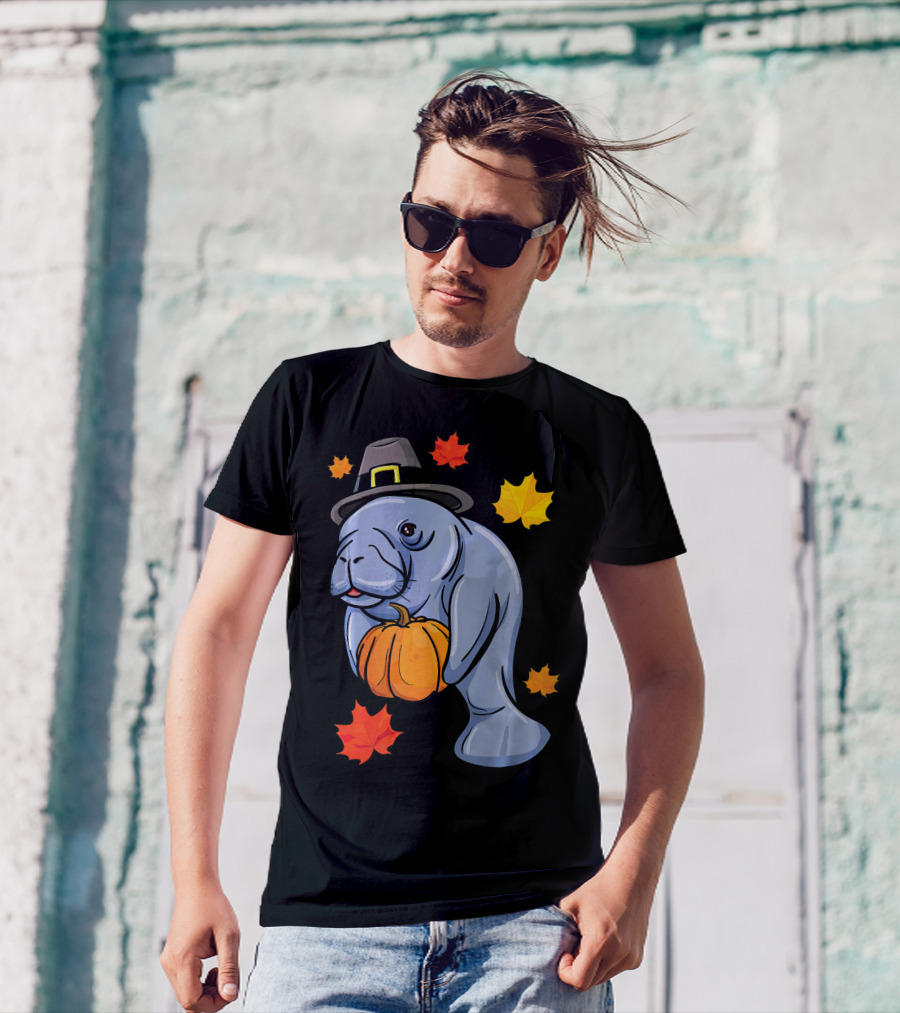 Thanksgiving Manatee Pilgrim Fall Pumpkin And Autumn Leaves T-Shirt