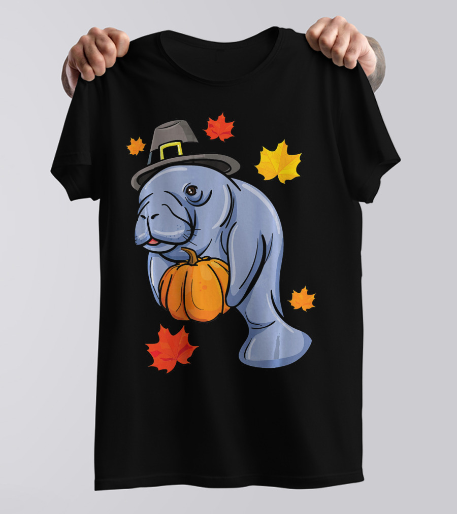 Thanksgiving Manatee Pilgrim Fall Pumpkin And Autumn Leaves T-Shirt