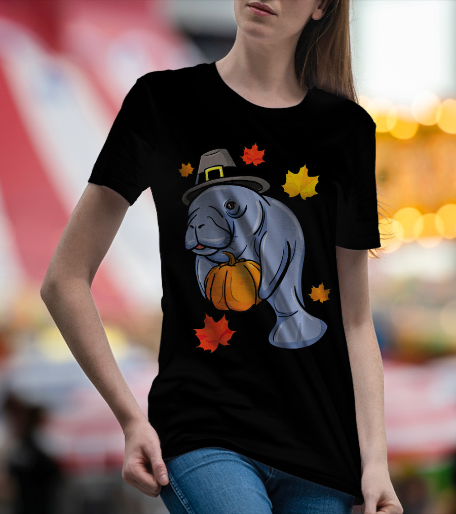 Thanksgiving Manatee Pilgrim Fall Pumpkin And Autumn Leaves T-Shirt