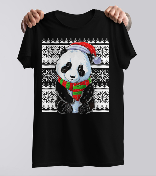 Ugly Christmas Cute Panda Santa Hat Festive T-Shirt