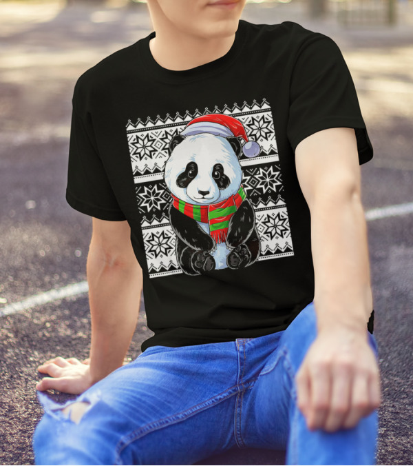 Ugly Christmas Cute Panda Santa Hat Festive T-Shirt