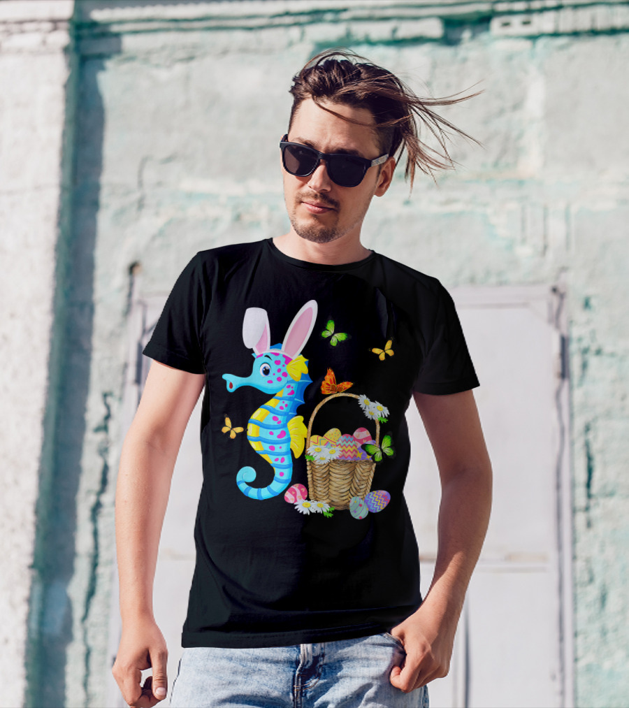 Seahorse Bunny With Easter Eggs And Butterflies T-Shirt