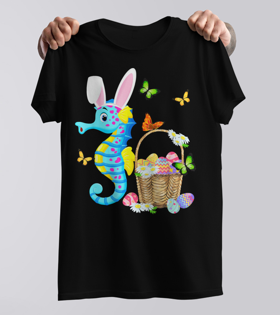 Seahorse Bunny With Easter Eggs And Butterflies T-Shirt