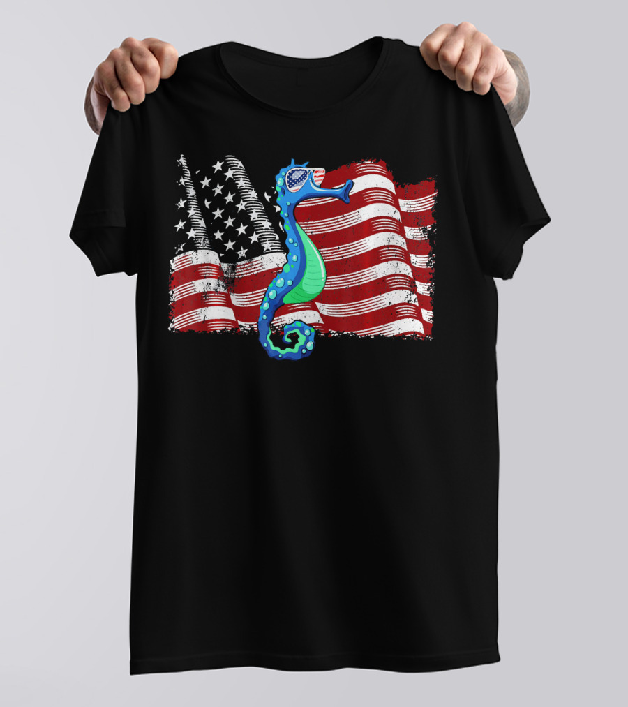 Seahorse American Flag Patriotic 4th Of July T-Shirt