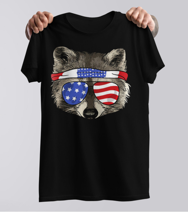 USA Patriotic Raccoon Stars And Stripes Sunglasses July T-Shirt