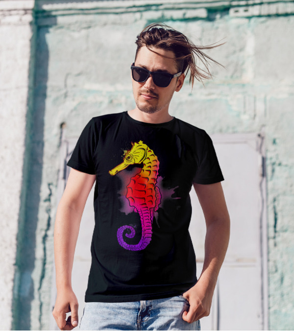 Seahorse Watercolors Neon Gradient Sea Life T-Shirt