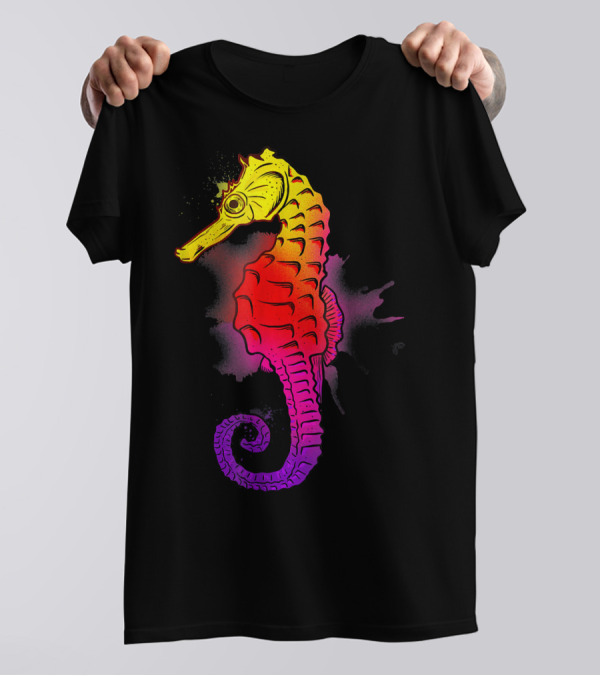 Seahorse Watercolors Neon Gradient Sea Life T-Shirt