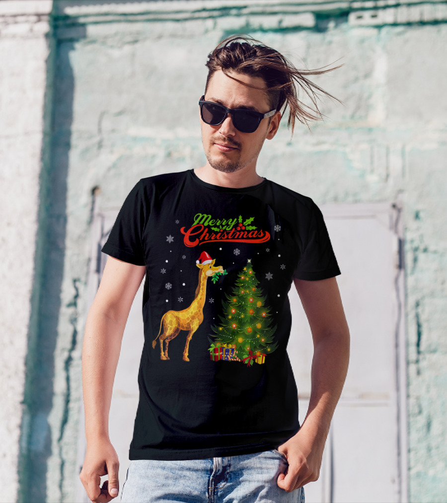 Merry Christmas Giraffe With Santa Hat, Festive Tree, And Snowflakes T-Shirt