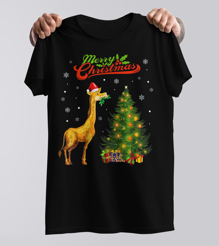 Merry Christmas Giraffe With Santa Hat, Festive Tree, And Snowflakes T-Shirt