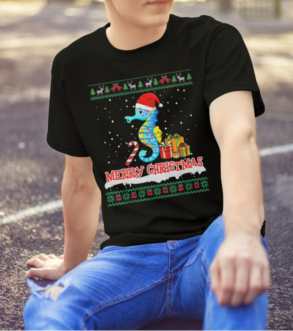 Merry Christmas Seahorse With Santa Hat And Gifts Holiday Sweater Animal Lover T-Shirt