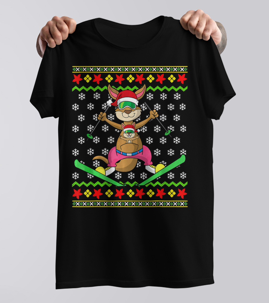 Skiing Kangaroo Snowflakes Christmas Ski Australia Australian T-Shirt