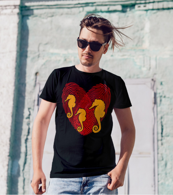 Valentines Day Seahorse Heart Love Valen Fingerprint T-Shirt