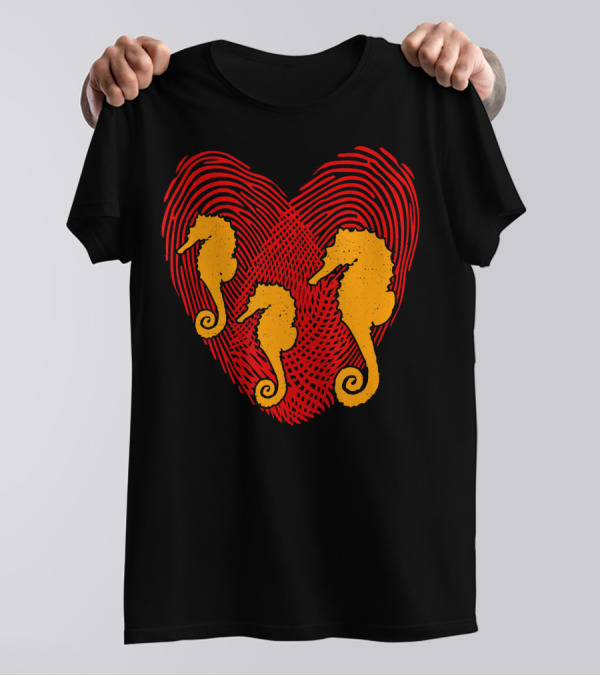 Valentines Day Seahorse Heart Love Valen Fingerprint T-Shirt