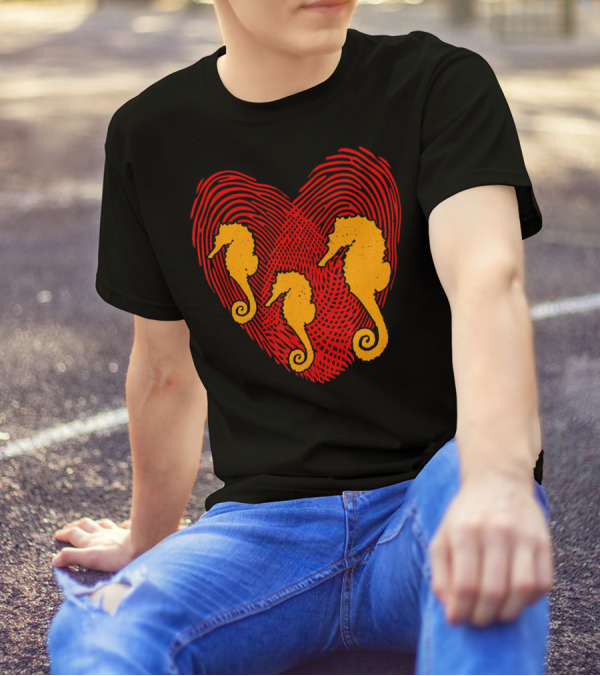 Valentines Day Seahorse Heart Love Valen Fingerprint T-Shirt