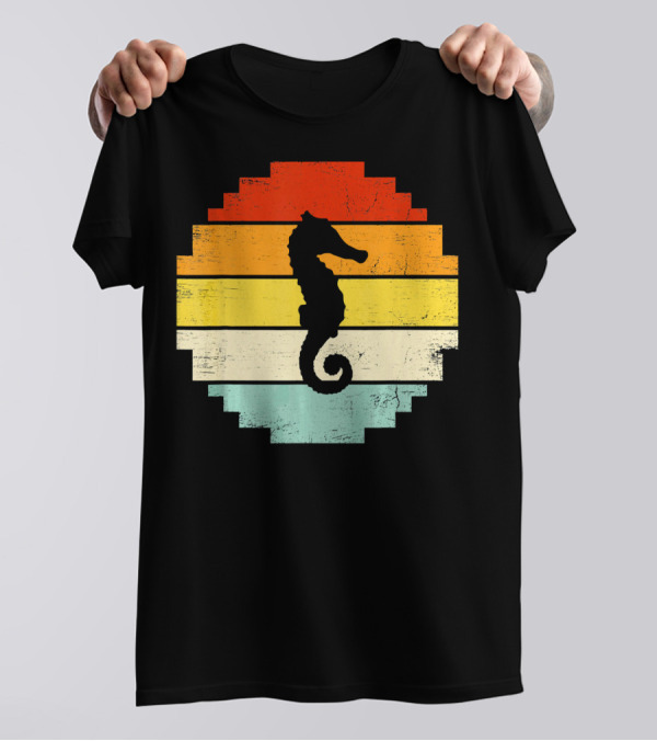 Retro Vintage Seahorse Animal Lover Pixelated Sunset T-Shirt