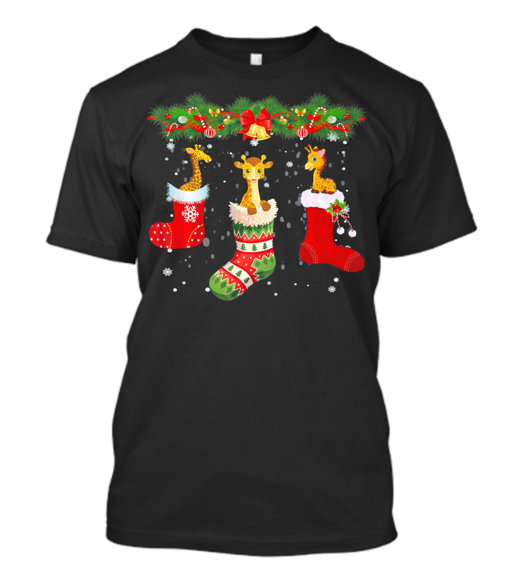 Three Giraffe In Christmas Socks With Santa Decorations T-Shirt