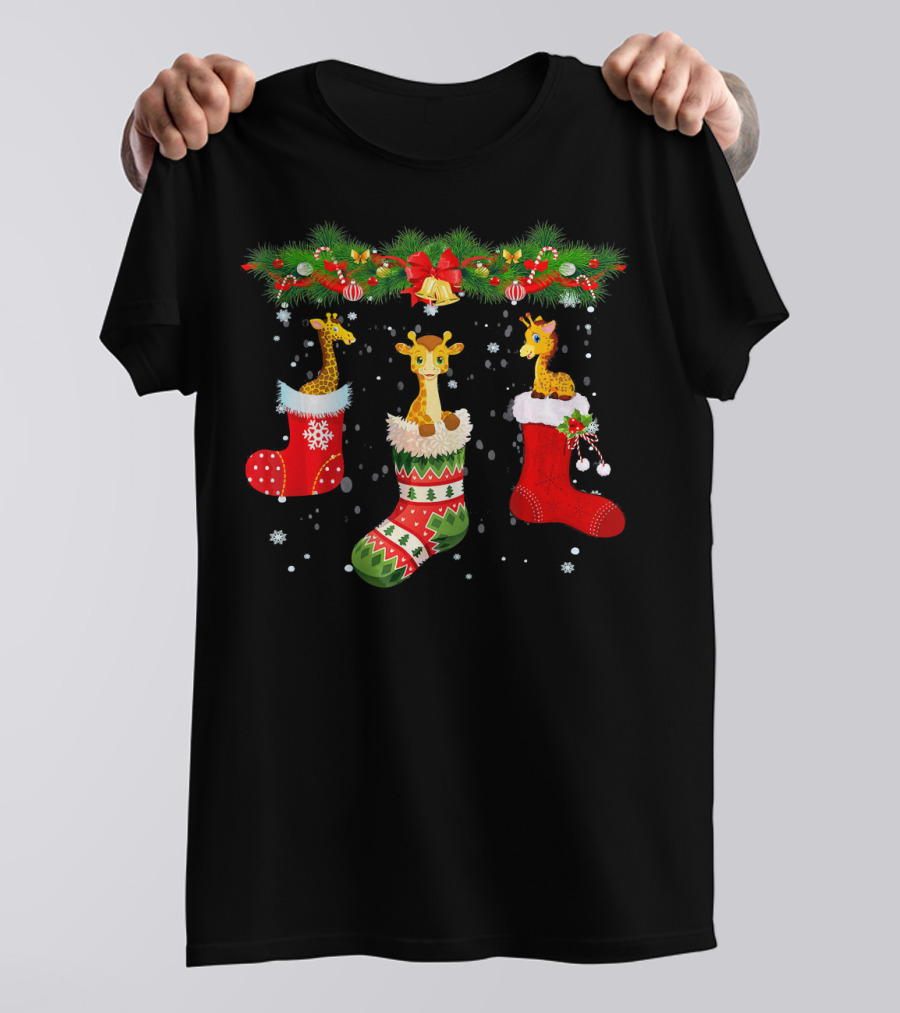 Three Giraffe In Christmas Socks With Santa Decorations T-Shirt