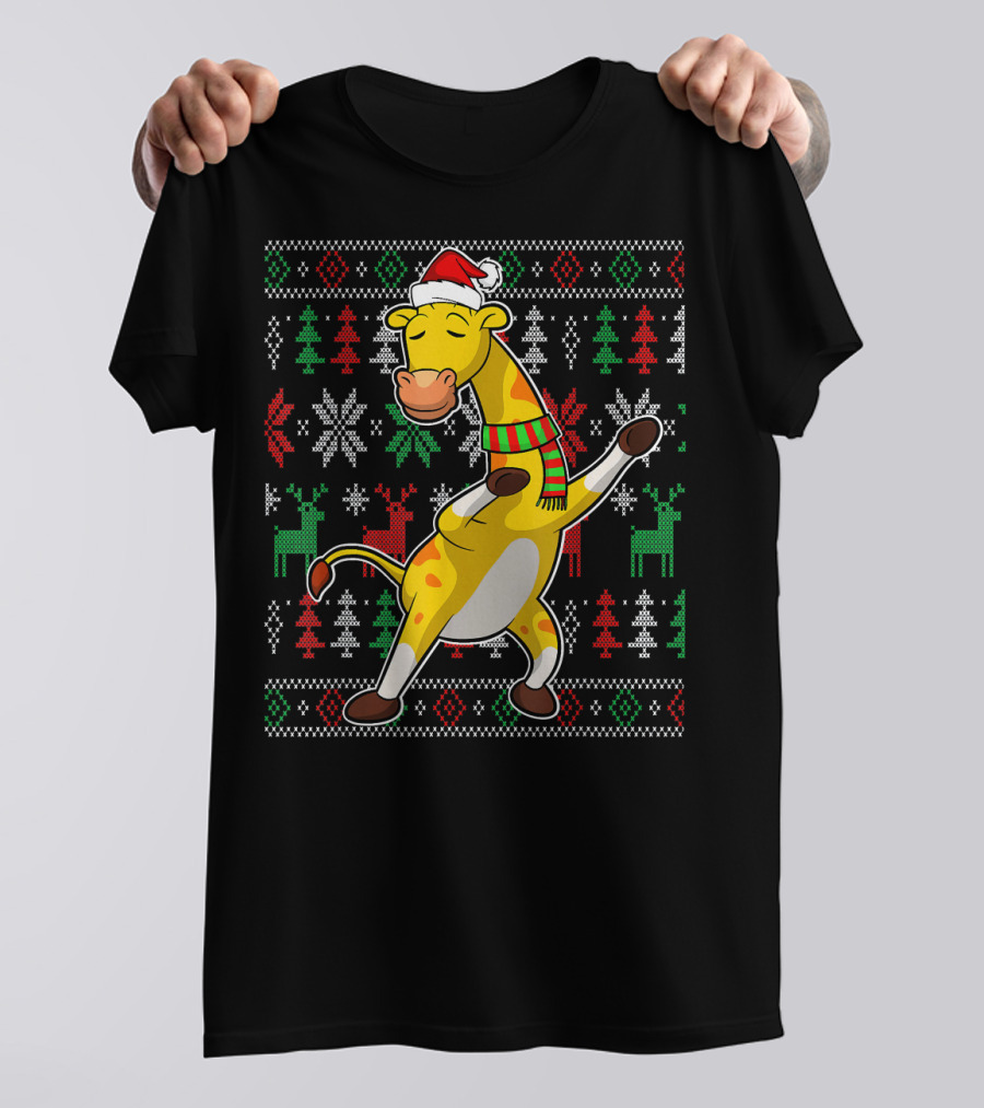 Ugly Christmas Dabbing Santa Hat Scarf Giraffe T-Shirt