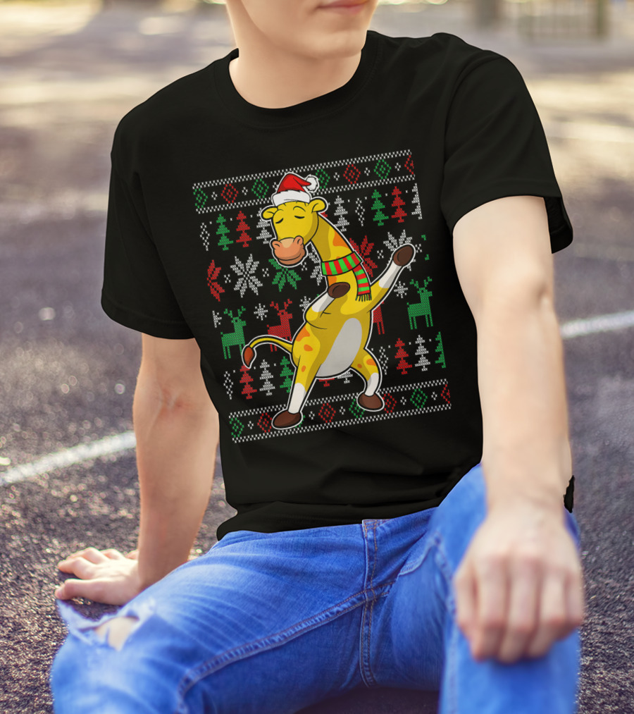 Ugly Christmas Dabbing Santa Hat Scarf Giraffe T-Shirt
