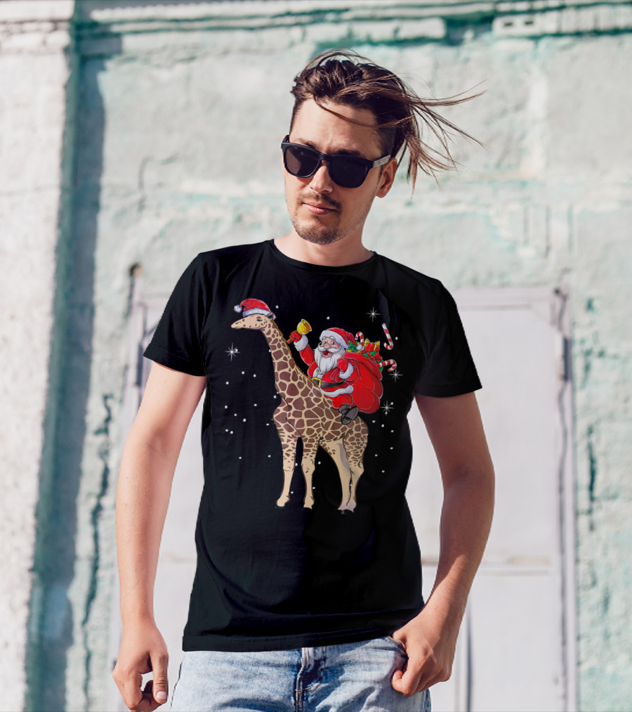 Santa Riding Giraffe With Gifts And Bell T-Shirt