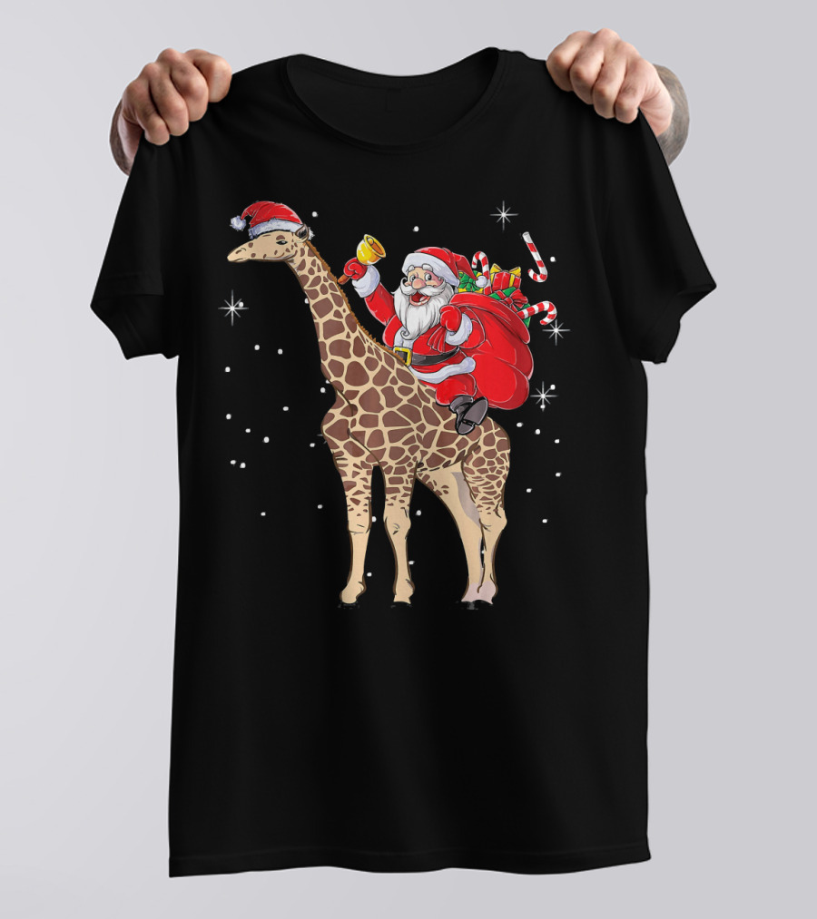 Santa Riding Giraffe With Gifts And Bell T-Shirt