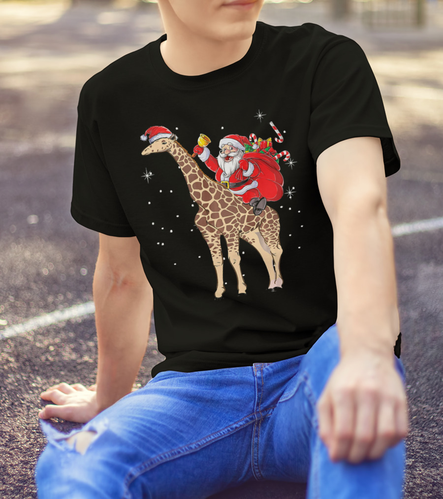 Santa Riding Giraffe With Gifts And Bell T-Shirt