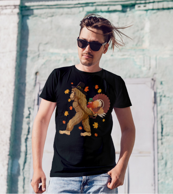 Thanksgiving Day Funny Gorilla Pilgrim With Turkey And Autumn Leaves T-Shirt