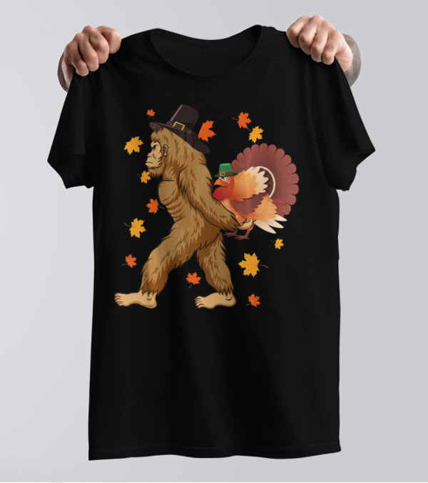 Thanksgiving Day Funny Gorilla Pilgrim With Turkey And Autumn Leaves T-Shirt