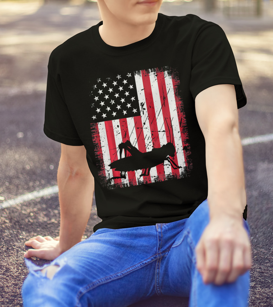 Retro Vintage Grasshopper On Distressed American Flag Background T-Shirt