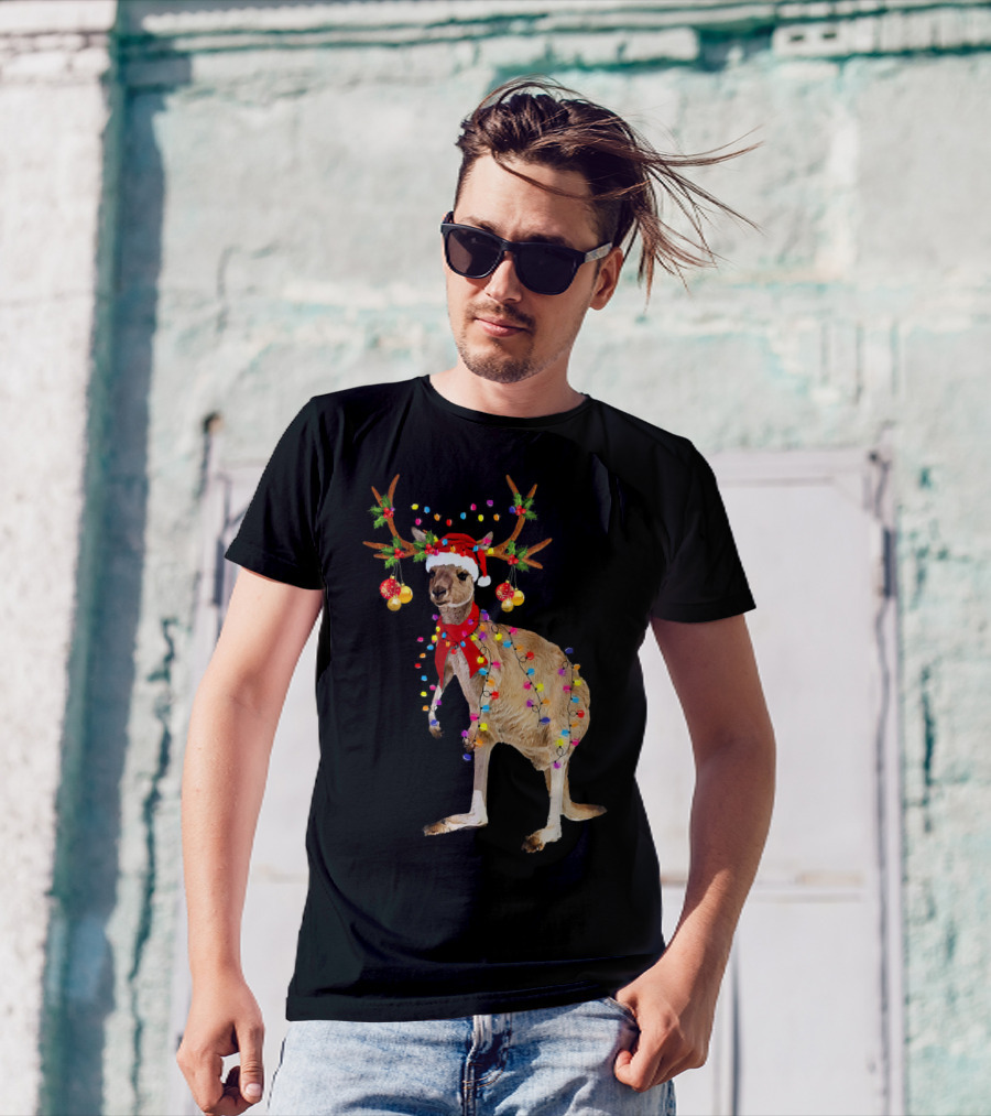Kangaroo With Christmas Lights And Reindeer Antlers T-Shirt