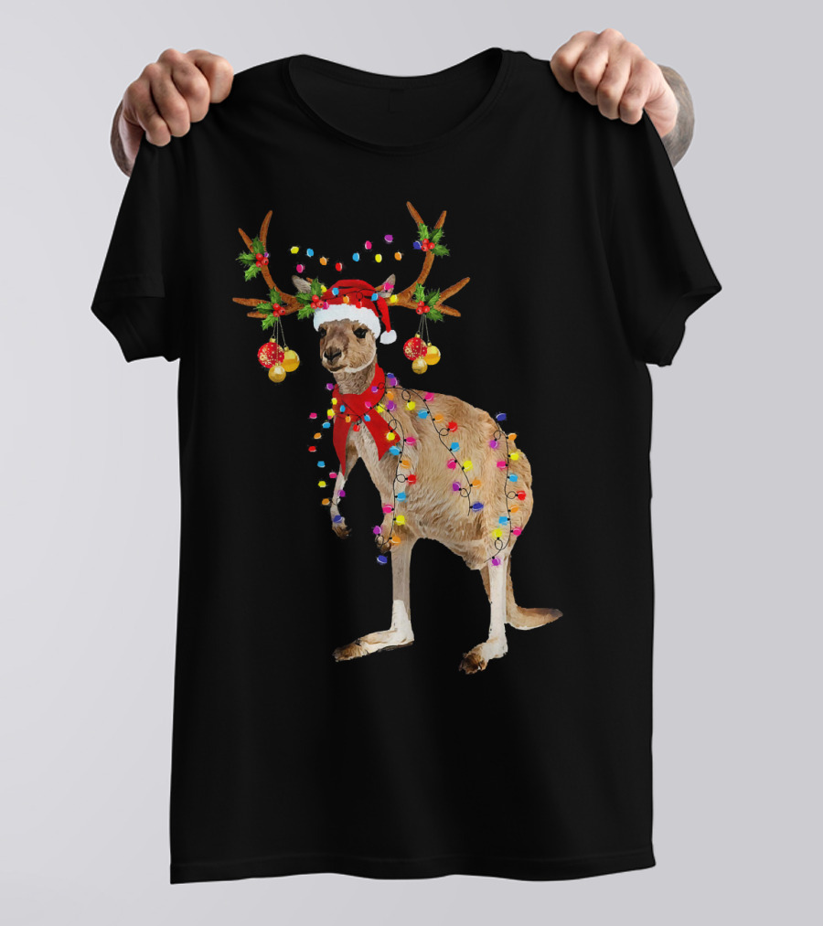 Kangaroo With Christmas Lights And Reindeer Antlers T-Shirt