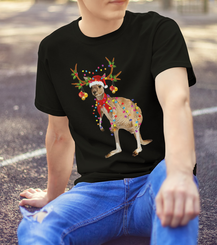 Kangaroo With Christmas Lights And Reindeer Antlers T-Shirt