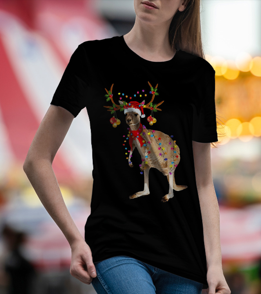 Kangaroo With Christmas Lights And Reindeer Antlers T-Shirt