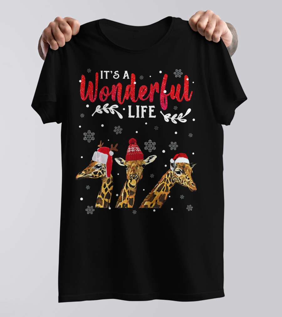 Tee89s Giraffe It's A Wonderful Life Christmas Snowflakes Santa Hats T-Shirt