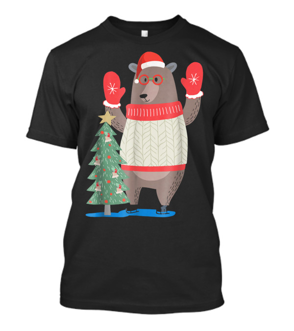 The Big Christmas Bear In Sweater With Santa Hat And Mittens Near Festive Decorated Tree T-Shirt