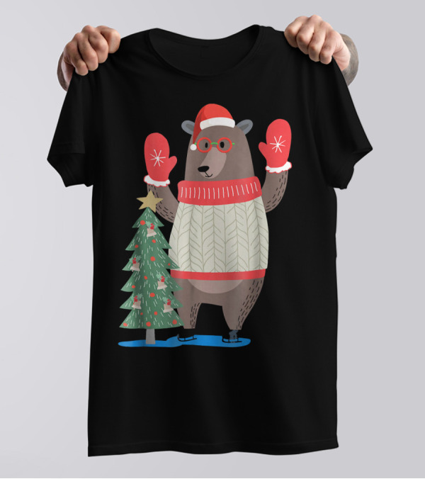 The Big Christmas Bear In Sweater With Santa Hat And Mittens Near Festive Decorated Tree T-Shirt