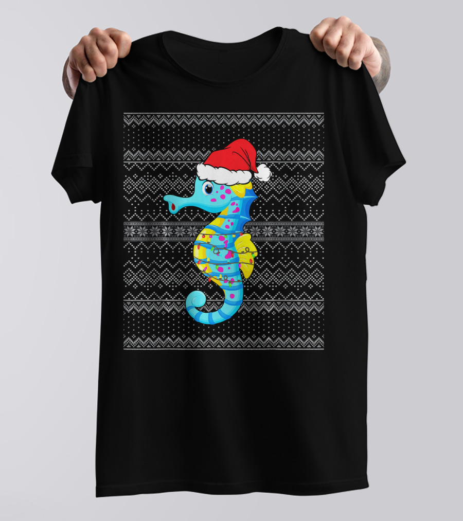 Seahorse Santa Ugly Christmas Light T-Shirt