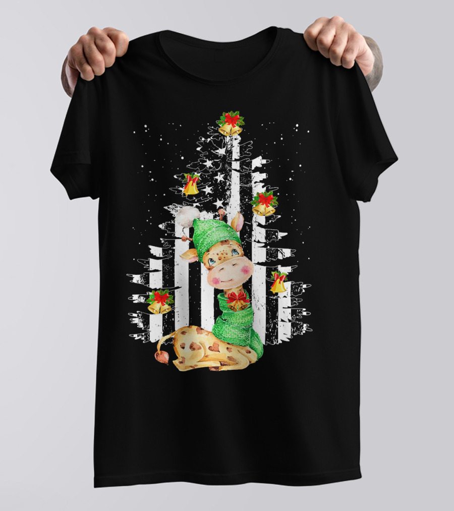 Tee89s Festive Giraffe In Christmas Tree With Bells And Stars T-Shirt