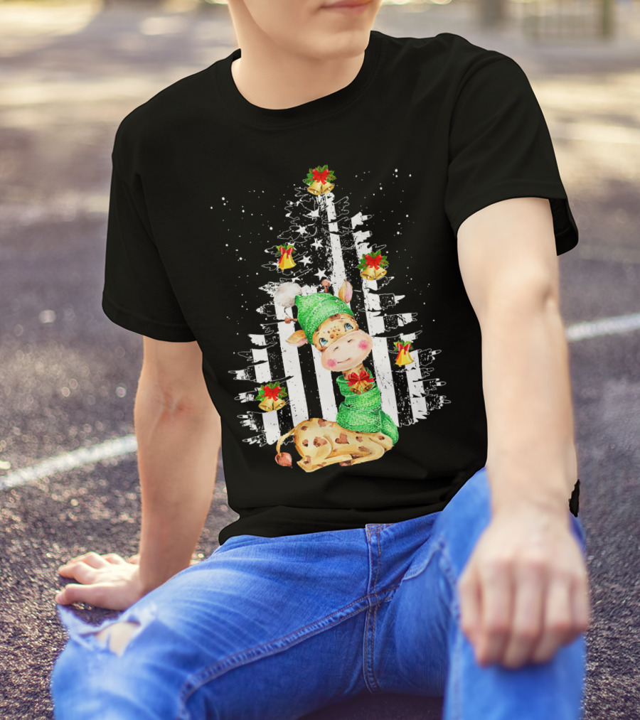 Tee89s Festive Giraffe In Christmas Tree With Bells And Stars T-Shirt